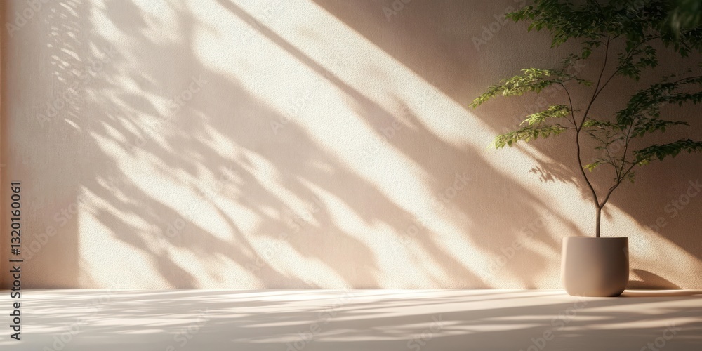 Poster minimalist beige wall with abstract tropical leaf shadows soft light modern summer background for pr
