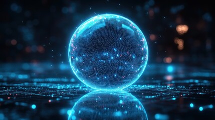 Futuristic Glowing Sphere with Dot Patterns and Wireframe Elements in Digital Art Style