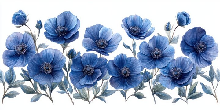 Detailed Blue Flowers Botanical Illustration Vintage Style Anemone Cornflower Aster Chrysanthemum Phlox