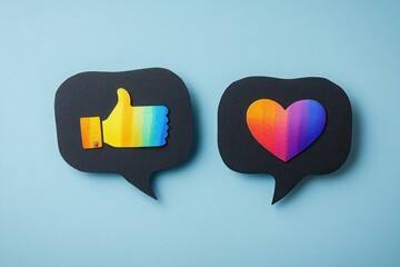 Pride Month Celebration Banner for LGBT Rights, Rainbow Heart, Thumbs Up in Speech Bubble, Symbol of Love and Equality