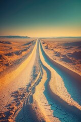 Landscape view of a dusty road extending into the vast desert.