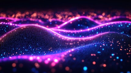 Futuristic Neon Particles Abstract Background in Cyberpunk Style with Dynamic Waves and Glowing Effects