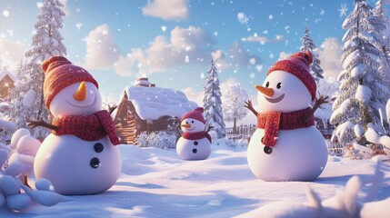 Obraz premium Joyful Snow Family: Three cheerful snowmen adorned in winter hats and scarves, basking in the serene beauty of a snowy landscape, creating a heartwarming scene of winter bliss and festive cheer.