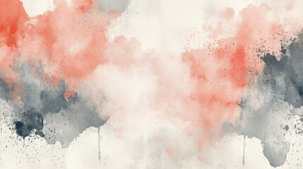 Abstract watercolor painting featuring coral and grey splashes on a canvas