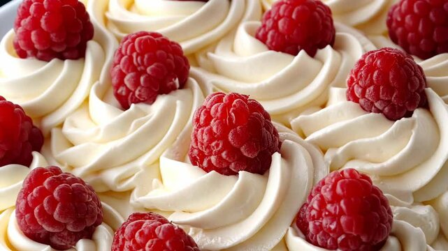 Delicious raspberry topped cream swirls on display at a bakery during afternoon hours