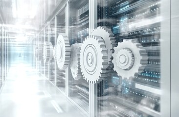Obraz premium Data center server room with gears depicting network processing and efficiency.