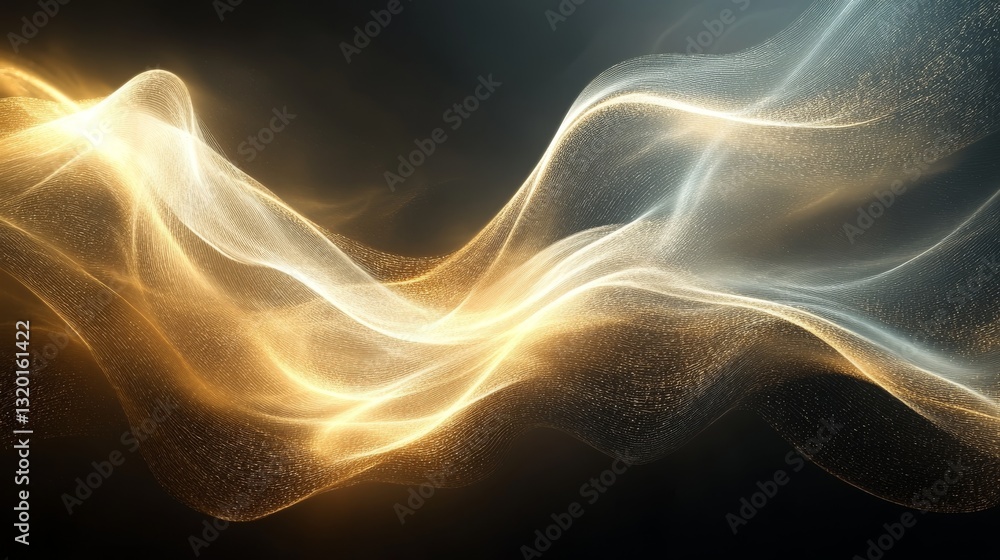 Poster abstract flowing illuminated particle waves against a dark background