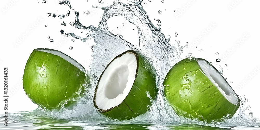 Poster three green coconuts splashing into water, creating a refreshing scene