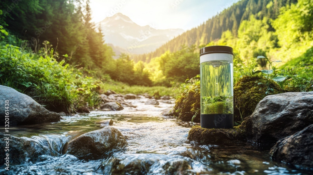 Aufkleber Water filter stands in serene forest setting with mountains and clear streams illuminated by soft sunlight