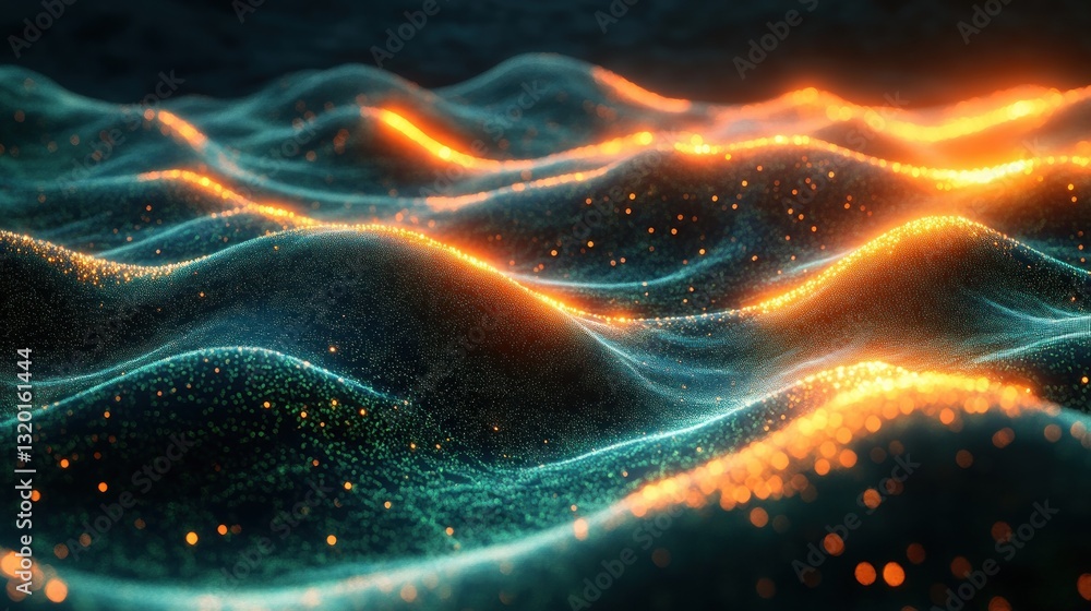 Aufkleber neon green abstract wave flow with dynamic dots and particles in cyberpunk digital landscape