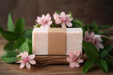 Sustainable Handmade Soap on Kraft Paper with Pink Flowers and Green Leaves