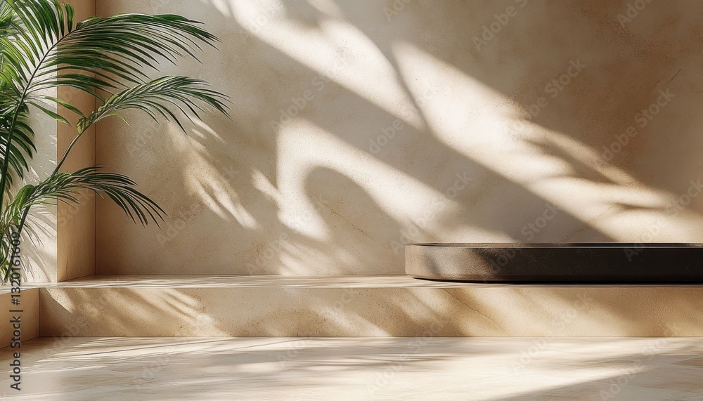 Poster minimalist three-dimensional product display with tropical palm shadows on textured beige background