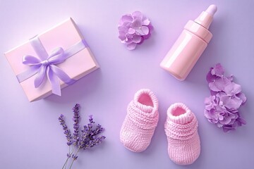 Baby Shower Gift Box with Pink Booties and Bottle on Soft Purple Background for Newborn Celebration