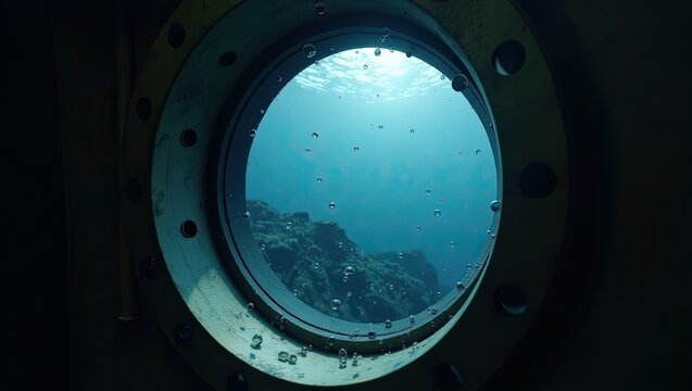 Mysterious deep sea view through submarine porthole with sun rays and bubbles