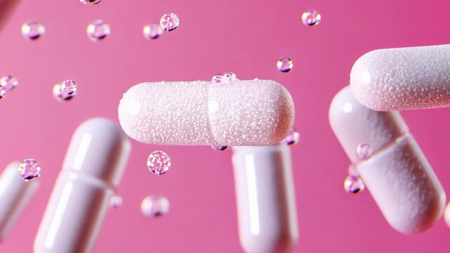 Floating white capsules in water with bubbles against a pink background create a vibrant and lively atmosphere