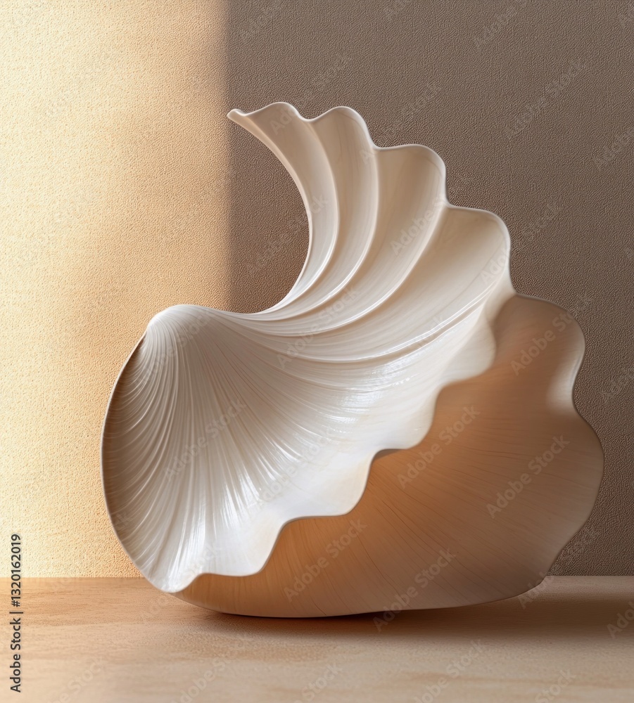 Poster abstract minimalist seashell display for cosmetic product presentation in soft beige background