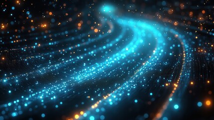 Futuristic Cyberpunk Abstract Art with Glowing Dots in Green and Blue Creating Dynamic Depth