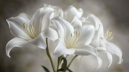 Beautiful white lilies are blooming with soft delicate petals and stems