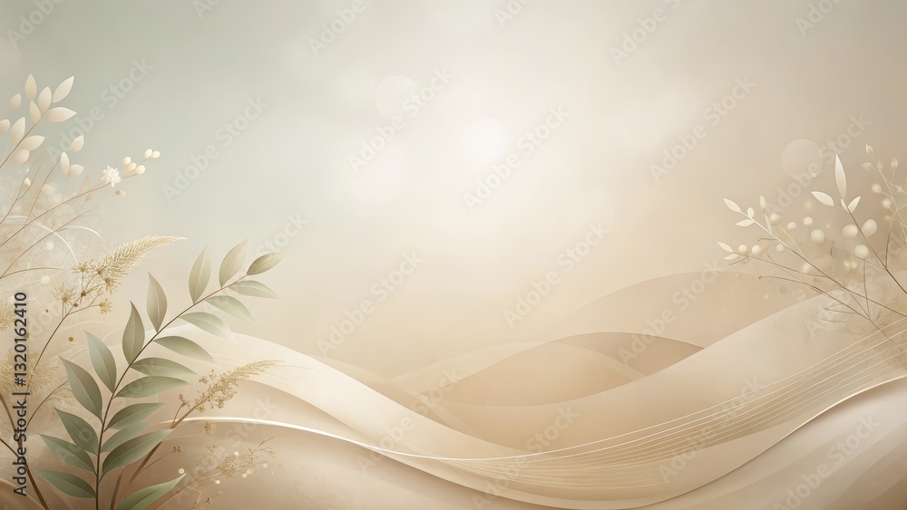 Wall mural elegant neutral tones abstract background featuring delicate botanical elements and softly curving l