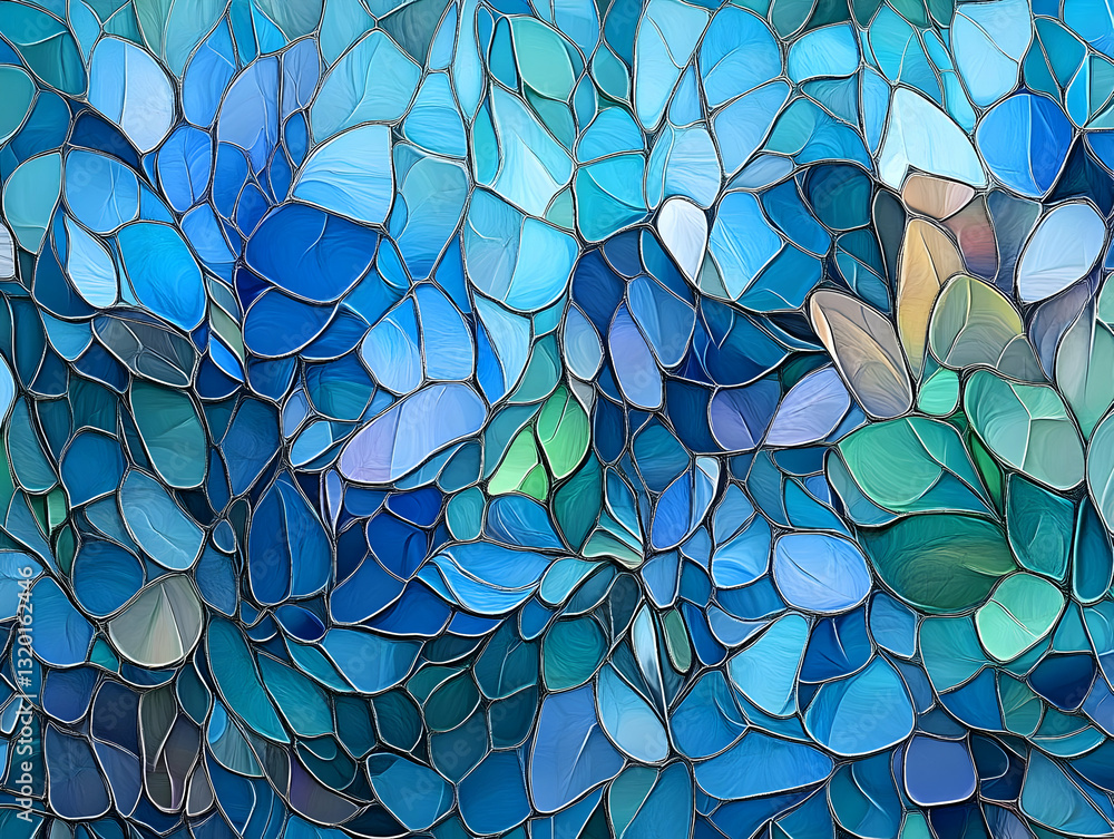 Poster abstract blue stained glass pattern: interlocking organic shapes create a textured, fluid visual bac