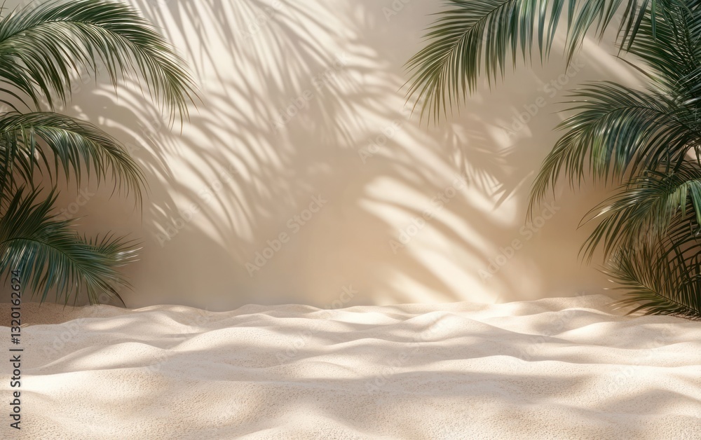 Poster abstract summer beach scene with sandy texture and palm tree shadows on beige wall for product displ