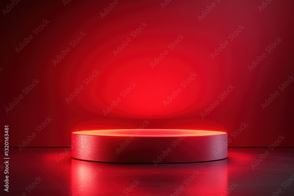Poster red round podium display for luxury product presentation on reflective background with elegant minim