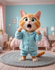 Cartoon Cat Character Yawning in Pajamas Inside Bedroom Setting