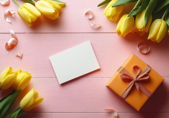 Happy Mother's Day Greeting Card Mockup with Flowers Gift Box and Envelope on Pink Wooden Table
