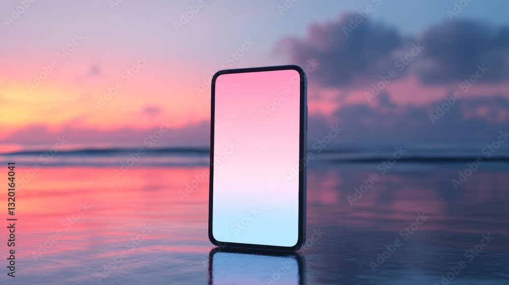 Poster 3d render of an phone mockup standing upright. the screen is blank white with a gradient background 