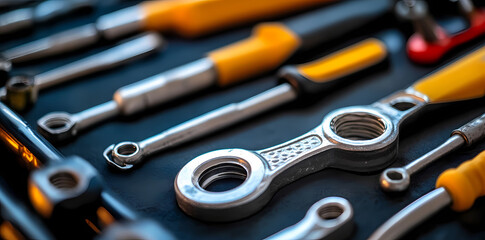 Fototapeta premium Tool Box Close-up: An array of essential tools sits in a toolbox, showcasing a variety of wrenches and screwdrivers, hinting at the intricate world of mechanics and maintenance.