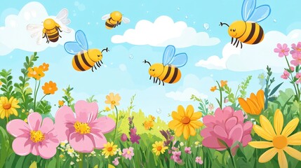 Buzzing Bliss: Playful bees flit amongst vibrant blossoms in a sun-drenched meadow, the sky adorned with fluffy clouds, evoking the joy of a sunny day. 