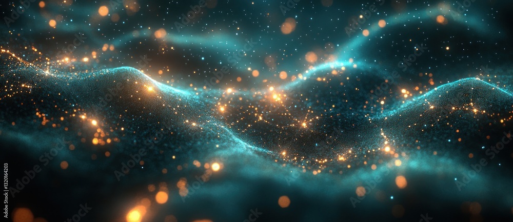 Poster futuristic network of glowing nodes and lines digital abstract art in dark green and blue cyberpunk 