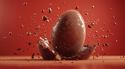 Easter chocolate, a whole egg with levitating chocolate crumbs, created with Generative AI technology