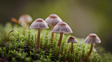 Close-up of a small mushroom growing on blue moss. The details of the mushroom and moss are clearly expressed in soft natural light.