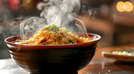 Close Up of Steaming Noodles with Vegetables and Sesame Seeds in Brown Bowl with Blurred Background and Bokeh Lights Creates Warm and Inviting Ambiance