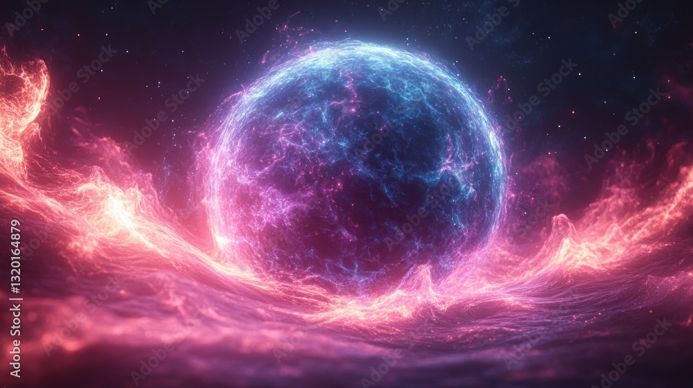 Poster glowing energy sphere abstract digital art with neural network aesthetic and particle details