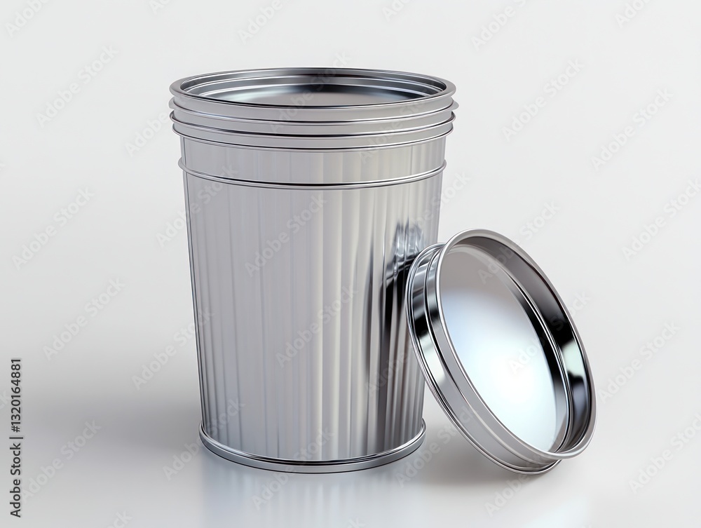 Poster photorealistic metallic trash can with lid leaning on side in minimalist studio setting