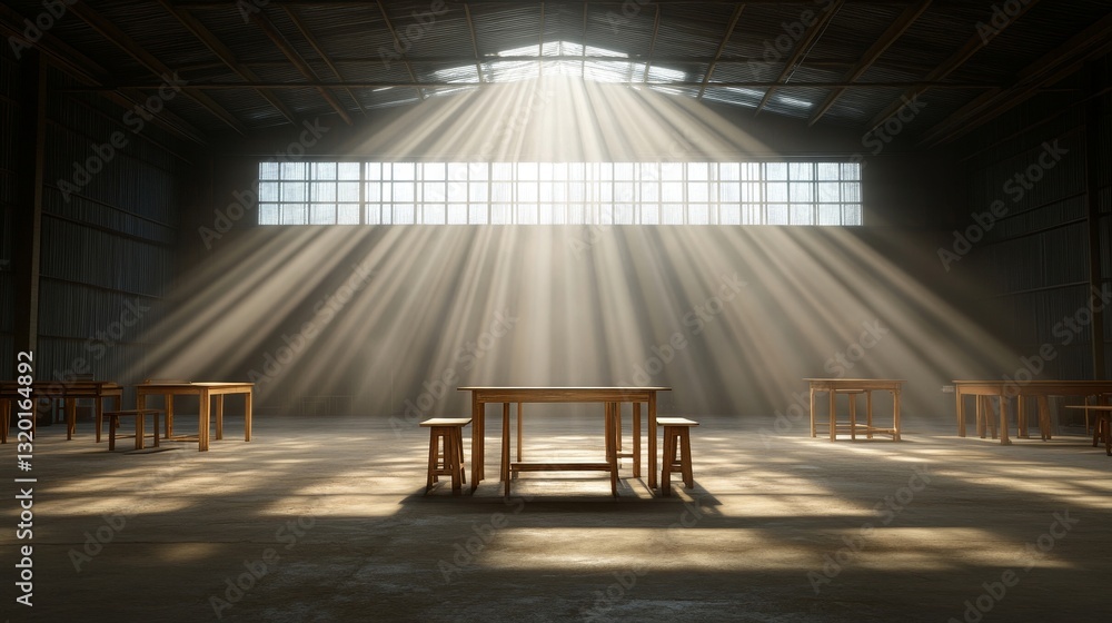 Aufkleber sunlight streaming through windows in an empty warehouse space