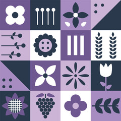 Geometric Square Pattern. Seamless Abstract Print with Simple Elements. Mosaic. Trendy Flat Style Background. Sample can be used for Packaging, Cover, Wrapping, Cards, Mugs. Vector in Purple, White