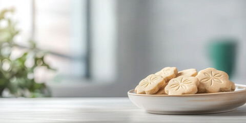 plate of golden shortbread cookies with floral designs, beautifully arranged