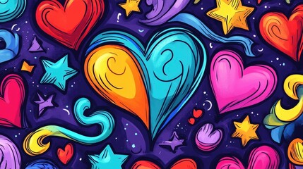 Fototapeta premium Love and whimsy: An illustration bursting with vibrant hearts, stars, and playful flourishes, celebrating the joy and magic of affection.
