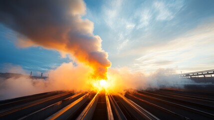 Obraz premium Dramatic Sunset with Smoke and Light Over Industrial Landscape