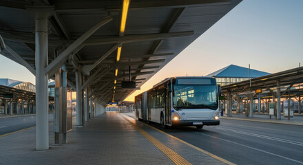 Empty bus station with modern arriving at sunrise