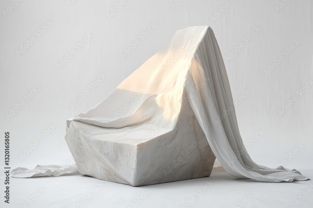 Poster minimalistic abstract sculpture display in white environment with geometric stone and draped fabric