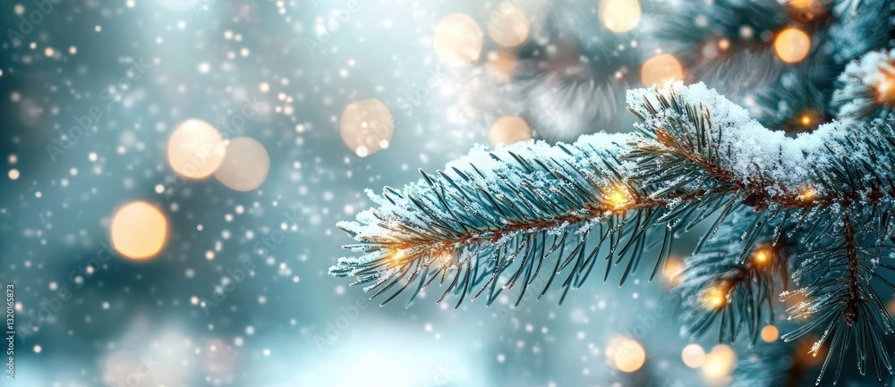 Poster pine tree branch covered in snow with bokeh lights and soft focus in a christmas atmosphere