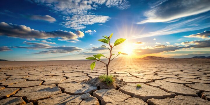 A resilient seedling emerges from cracked earth, bathed in the golden light of a vibrant sunset, symbolizing hope and perseverance in arid landscapes.