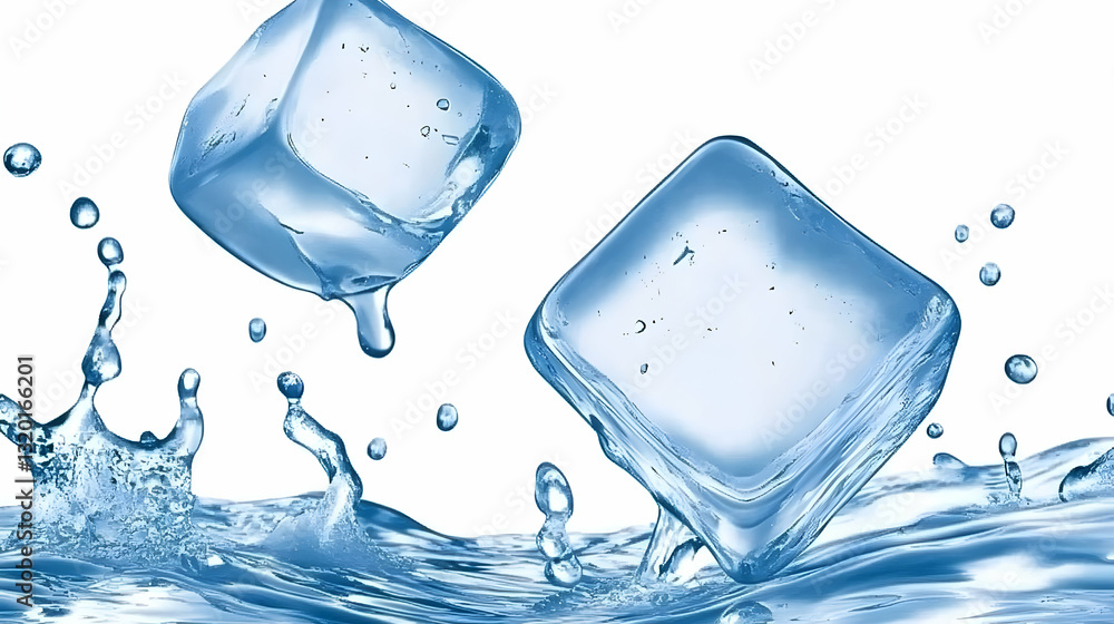 Poster two ice cubes falling into water, creating a splashing 3d render with water droplets and ripples, co