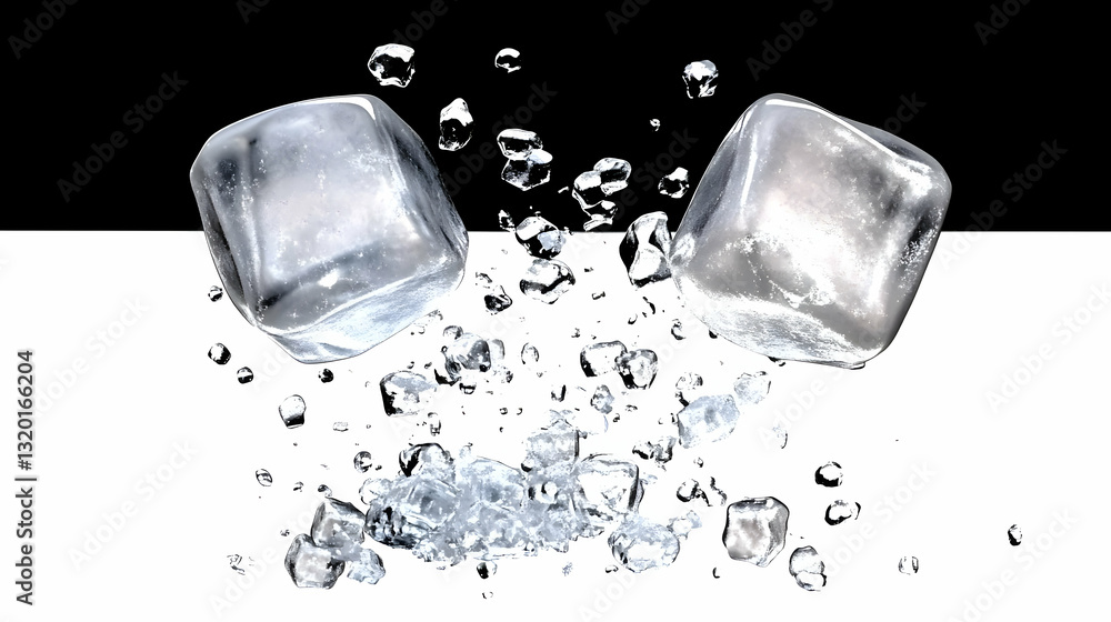 Poster 3d render of two ice cubes shattering into fragments and water droplets against a black and white ba