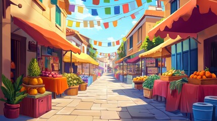 Vibrant Marketplace Scene: A bustling marketplace comes alive with colorful stalls, displaying fresh produce under a bright, sunlit sky, inviting a sense of community and the joy of gathering