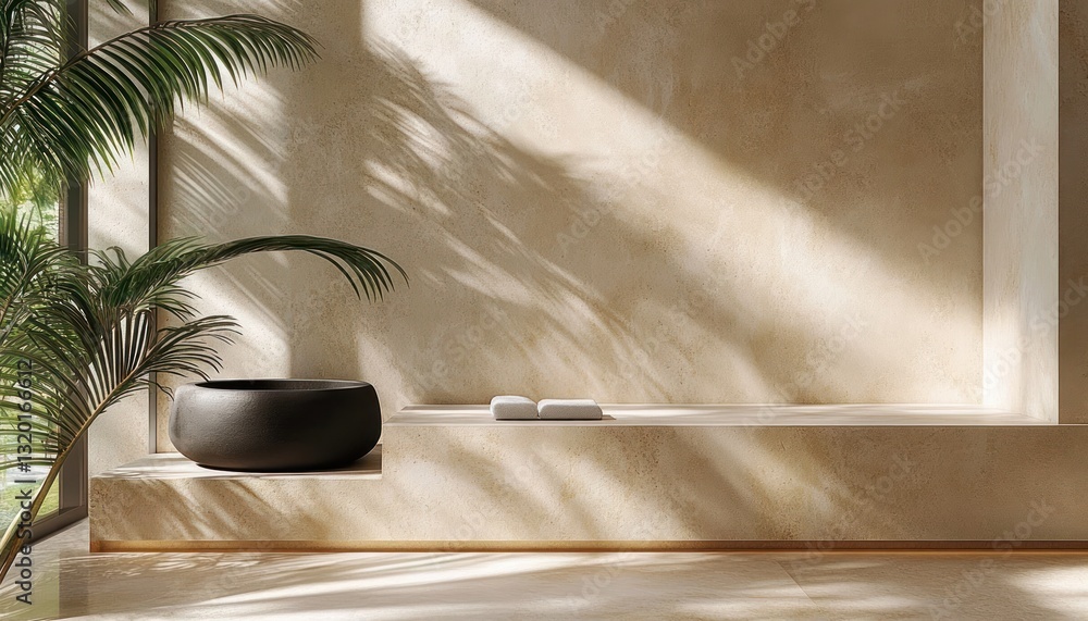 Poster minimalist modern product display with tropical palm shadows on beige background 3d rendering podium